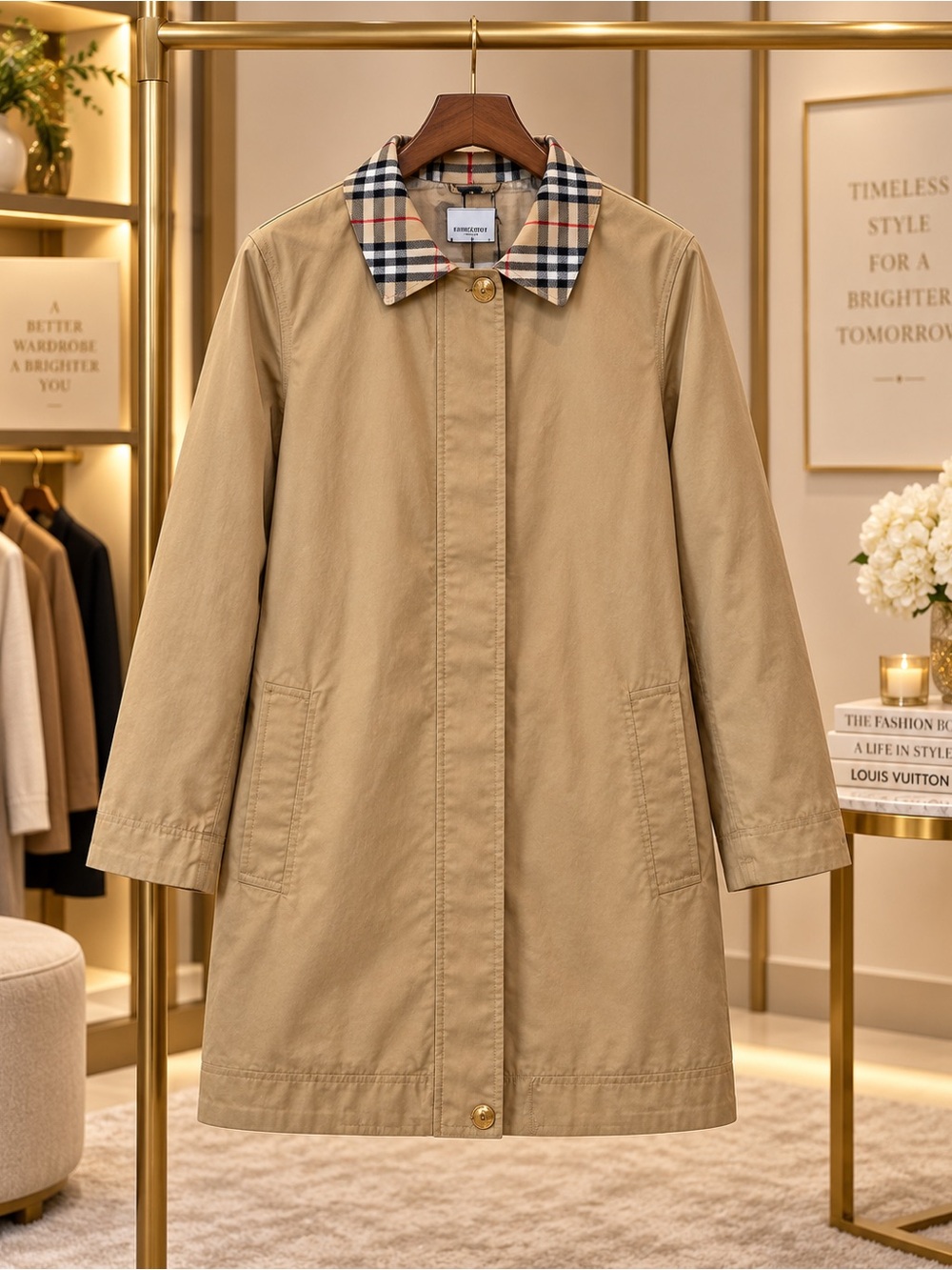 Burberry Beige Trench Coat with Classic Check Collar